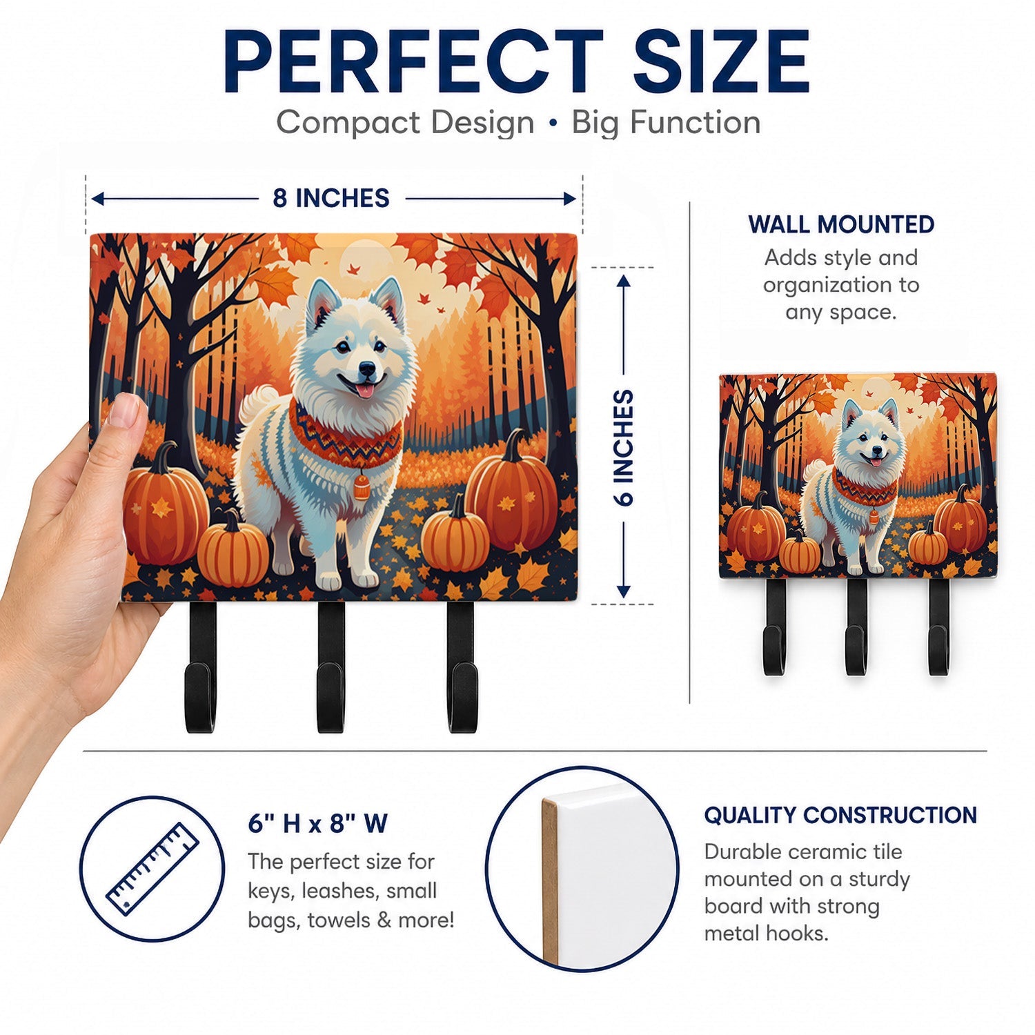 American Eskimo Fall Leash or Key Holder Wall Hooks, Coat Rack Wall Mount, for Hanging Keys, Towels, Aprons, Leashes
