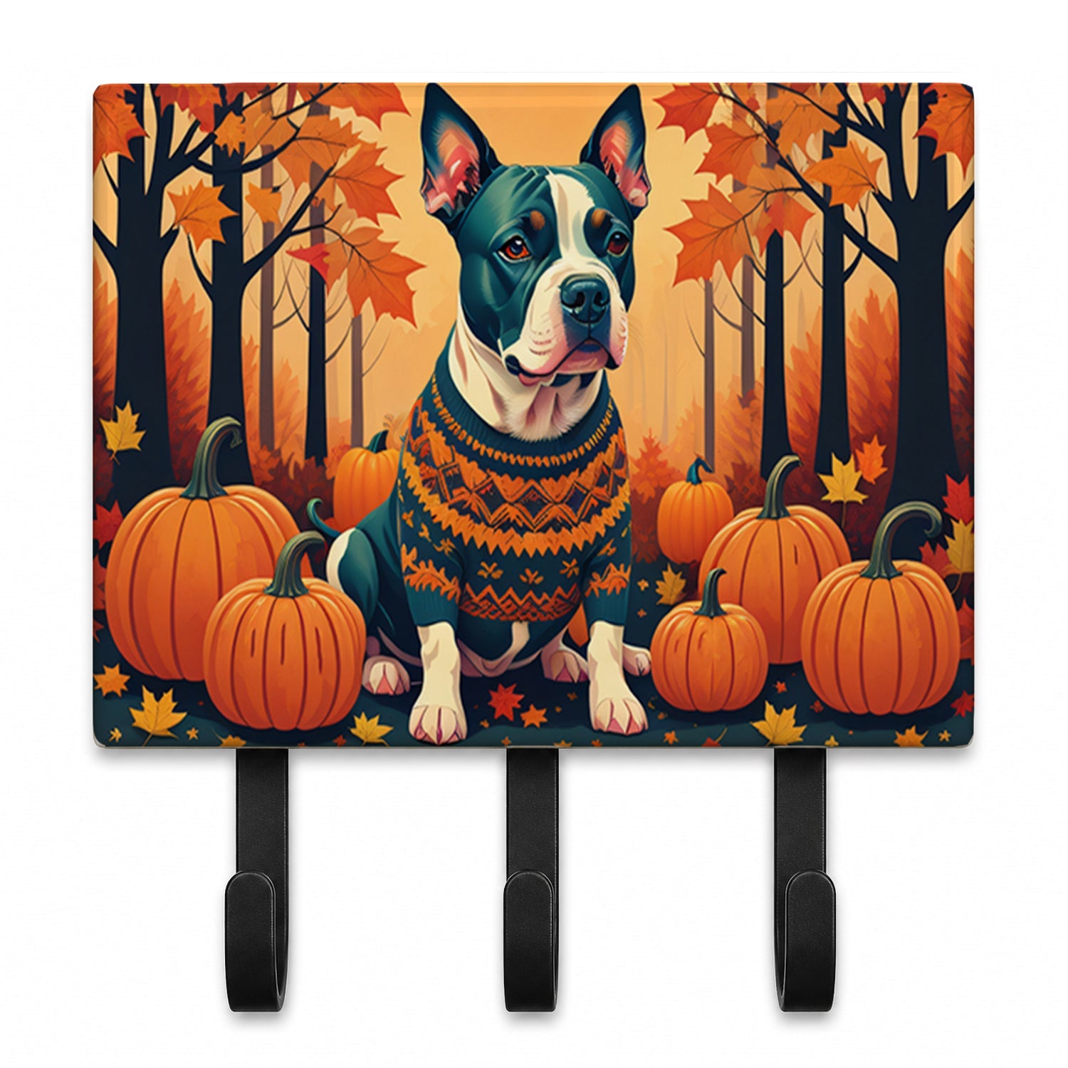 Pit Bull Terrier Fall Leash or Key Holder Wall Hooks, Coat Rack Wall Mount, for Hanging Keys, Towels, Aprons, Leashes