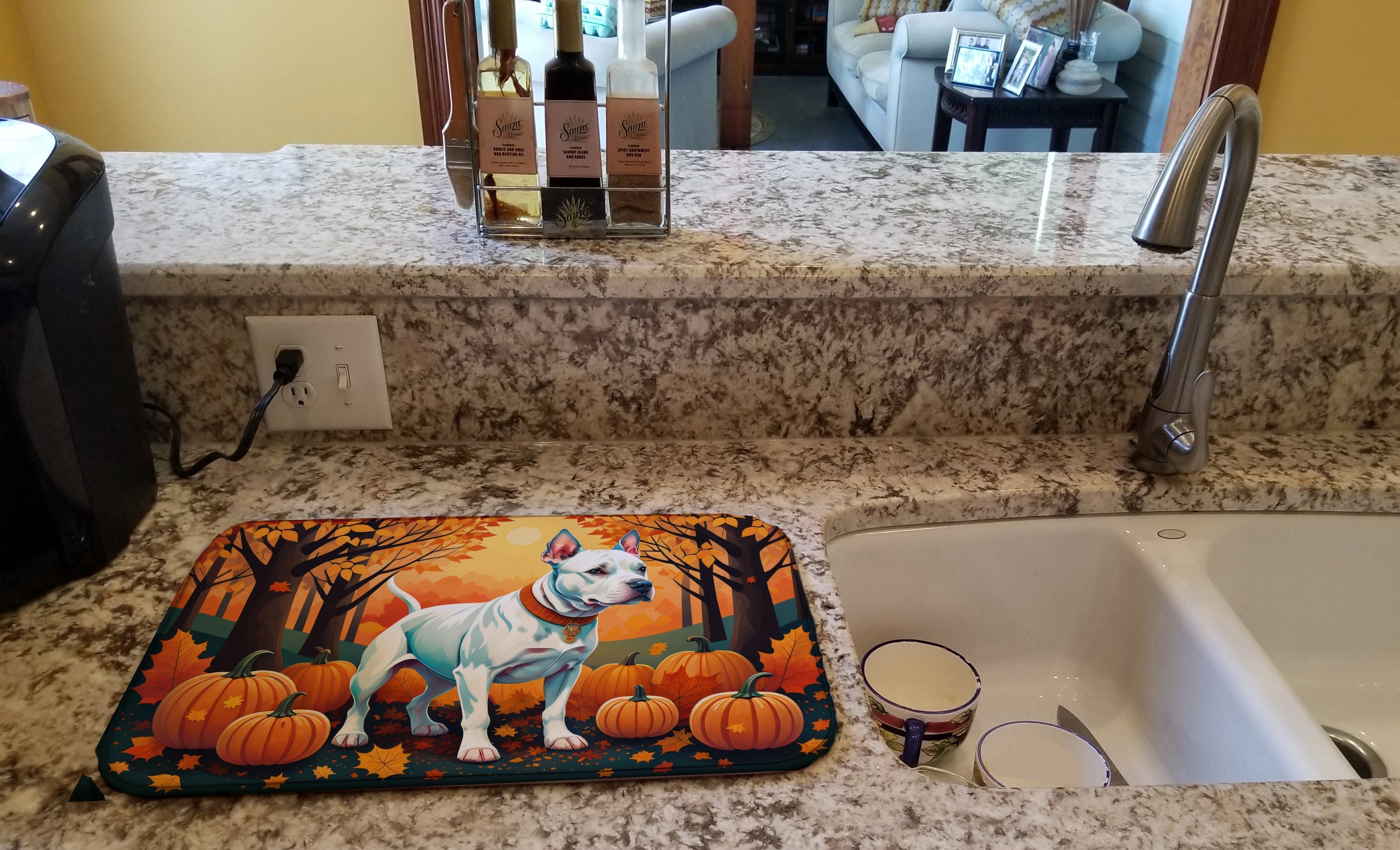 White Pit Bull Terrier Fall Dish Drying Mat Absorbent Dish Drying Mat Pad for Kitchen Counter Dish Drainer Mat for Countertop, 14 x 21", Multicolor