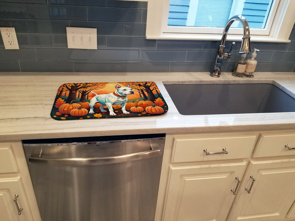 White Pit Bull Terrier Fall Dish Drying Mat Absorbent Dish Drying Mat Pad for Kitchen Counter Dish Drainer Mat for Countertop, 14 x 21", Multicolor