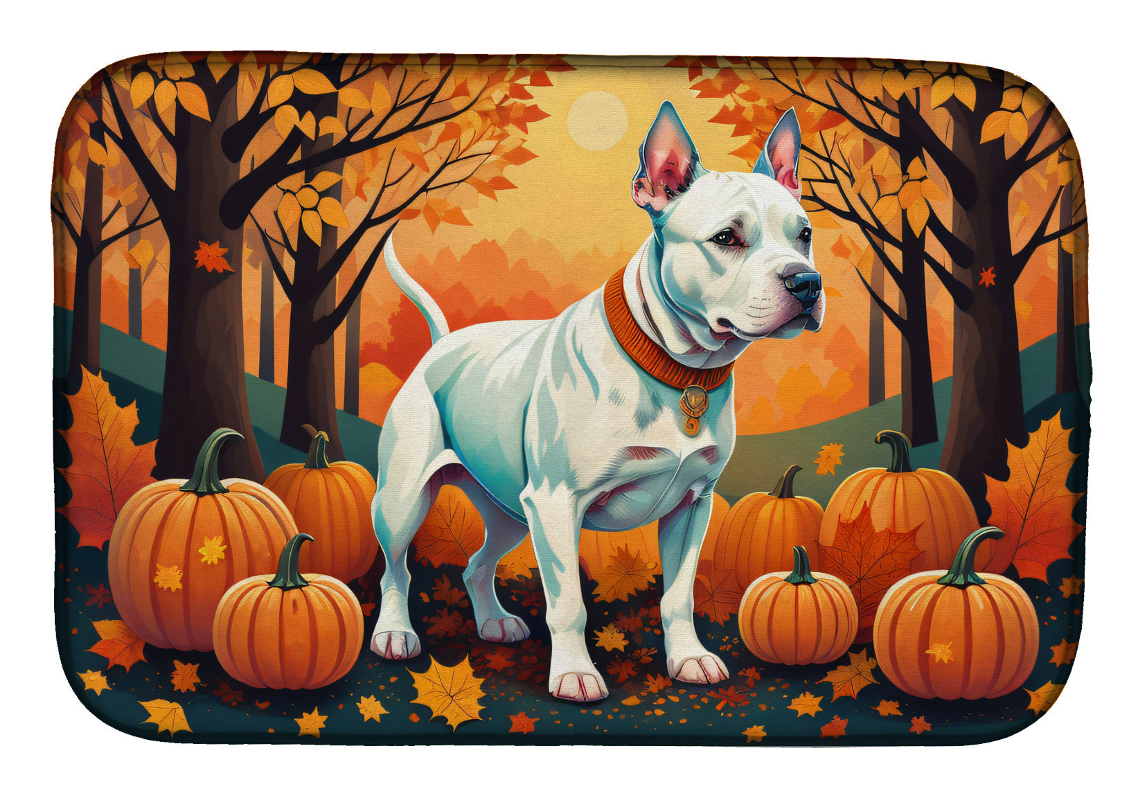 White Pit Bull Terrier Fall Dish Drying Mat Absorbent Dish Drying Mat Pad for Kitchen Counter Dish Drainer Mat for Countertop, 14 x 21", Multicolor