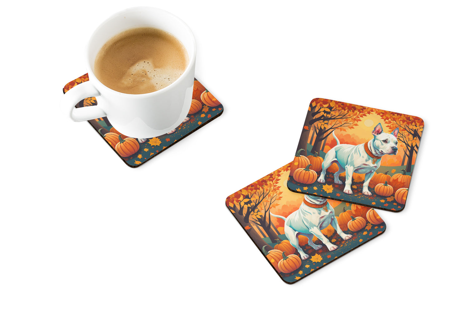 White Pit Bull Terrier Fall Foam Coasters Set of 4 Cup Coasters for Indoor Outdoor, Tabletop Protection, Anti Slip, Mouse pad Material