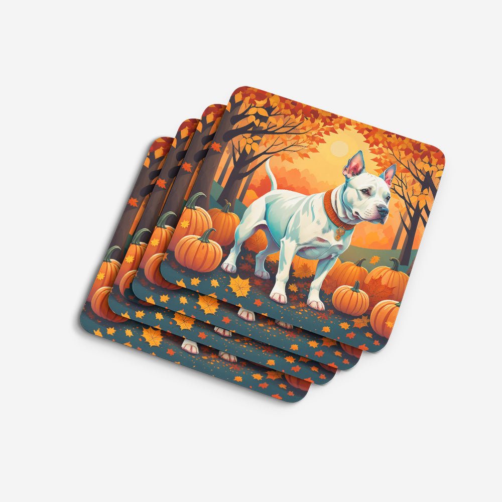 White Pit Bull Terrier Fall Foam Coasters Set of 4 Cup Coasters for Indoor Outdoor, Tabletop Protection, Anti Slip, Mouse pad Material