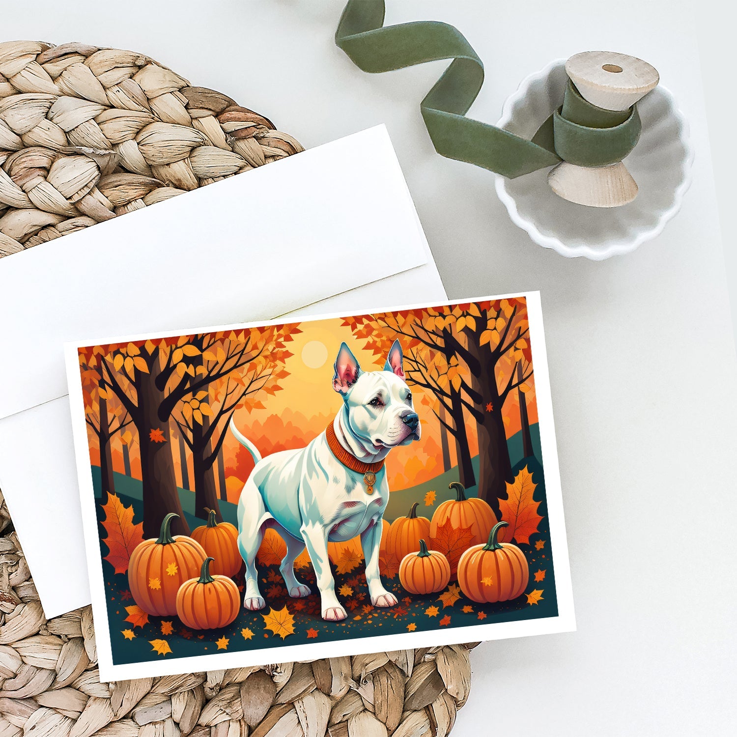 White Pit Bull Terrier Fall Greeting Cards Pack of 8 Blank Cards with Envelopes Whimsical A7 Size 5x7