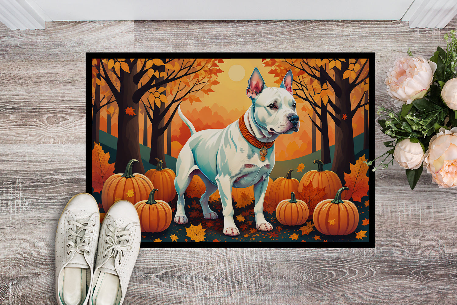White Pit Bull Terrier Fall Doormat Indoor Outdoor 18H X 27W Front Door Mat Rugs for Entryway, Non Slip Washable