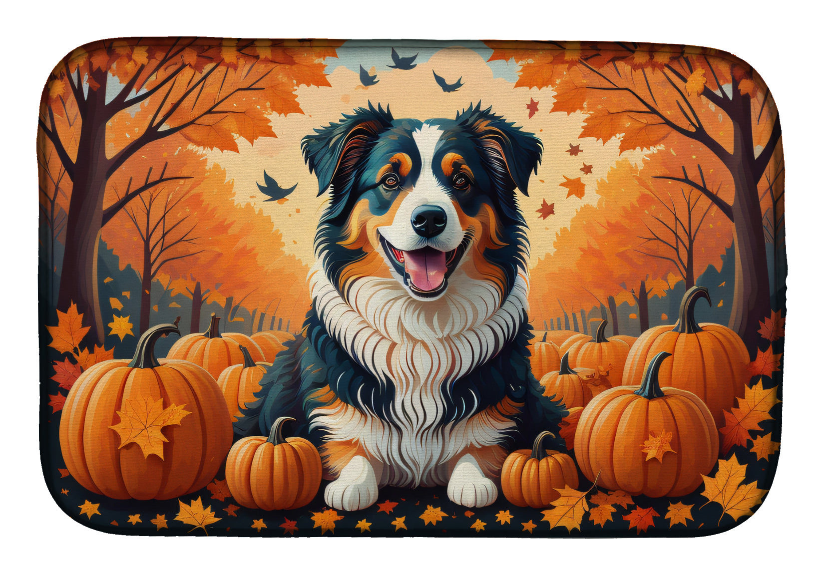 Australian Shepherd Terrier Fall Dish Drying Mat Absorbent Dish Drying Mat Pad for Kitchen Counter Dish Drainer Mat for Countertop, 14 x 21", Multicolor
