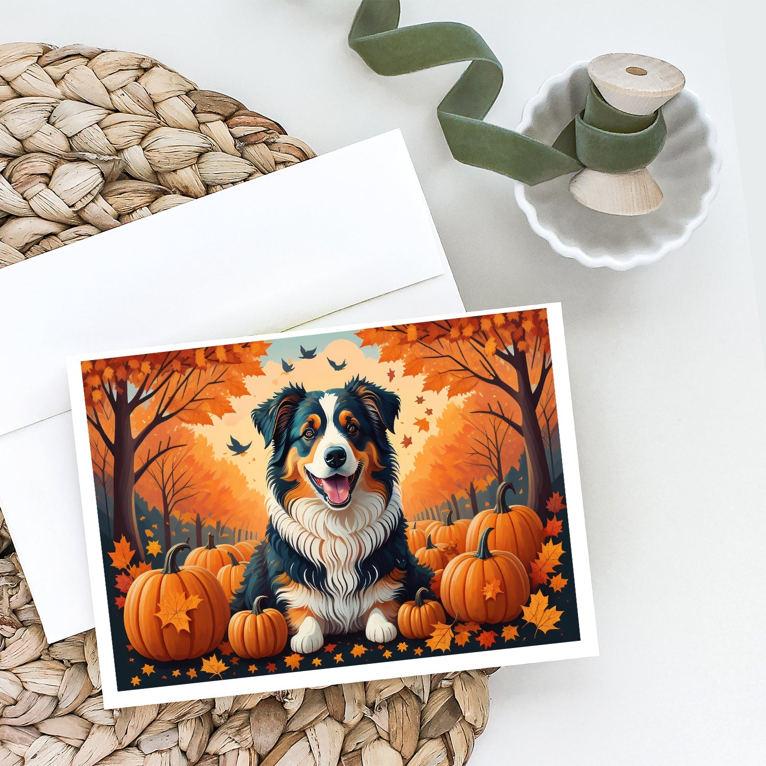 Australian Shepherd Terrier Fall Greeting Cards Pack of 8 Blank Cards with Envelopes Whimsical A7 Size 5x7