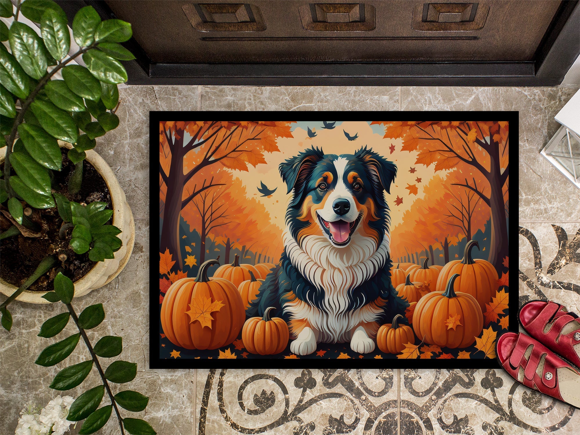 Australian Shepherd Terrier Fall Doormat Indoor Outdoor 18H X 27W Front Door Mat Rugs for Entryway, Non Slip Washable