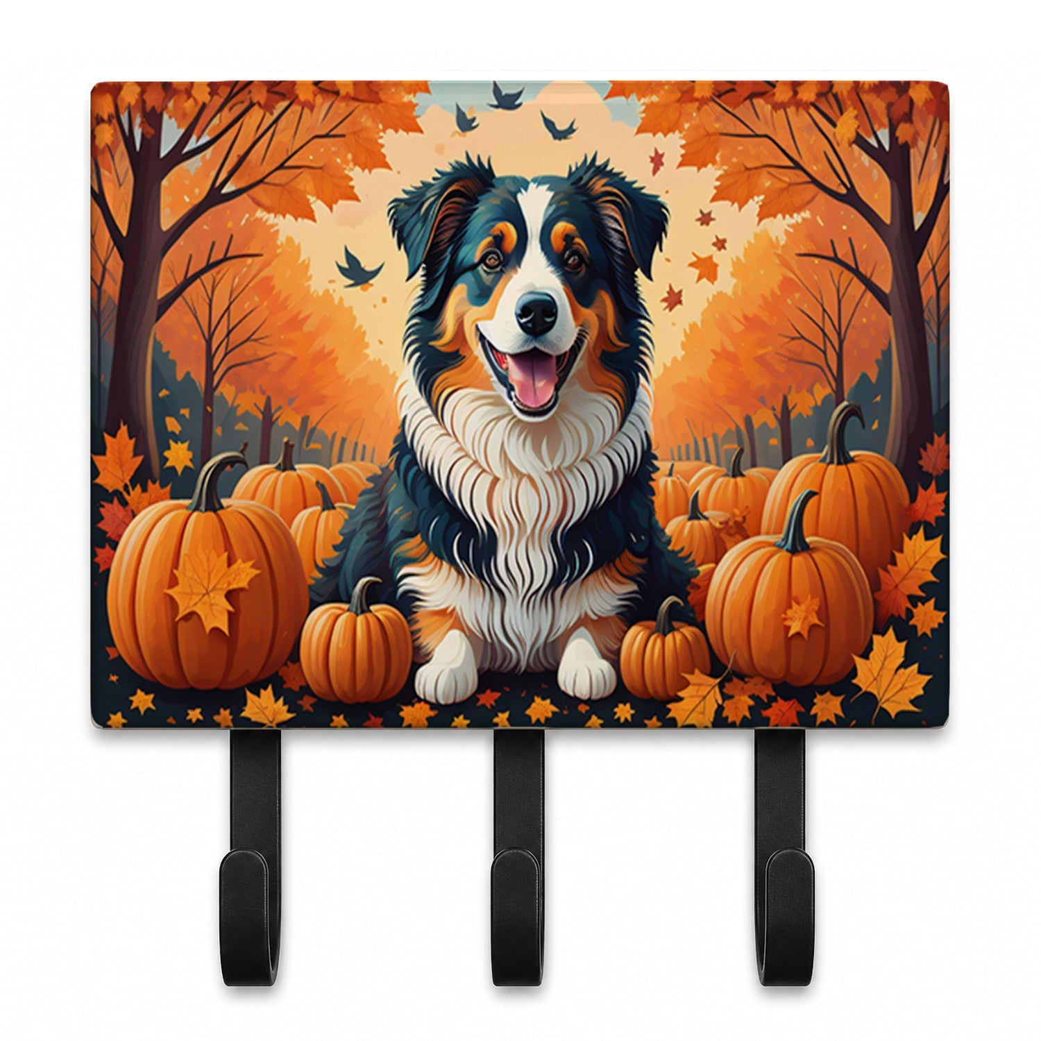 Australian Shepherd Terrier Fall Leash or Key Holder Wall Hooks, Coat Rack Wall Mount, for Hanging Keys, Towels, Aprons, Leashes