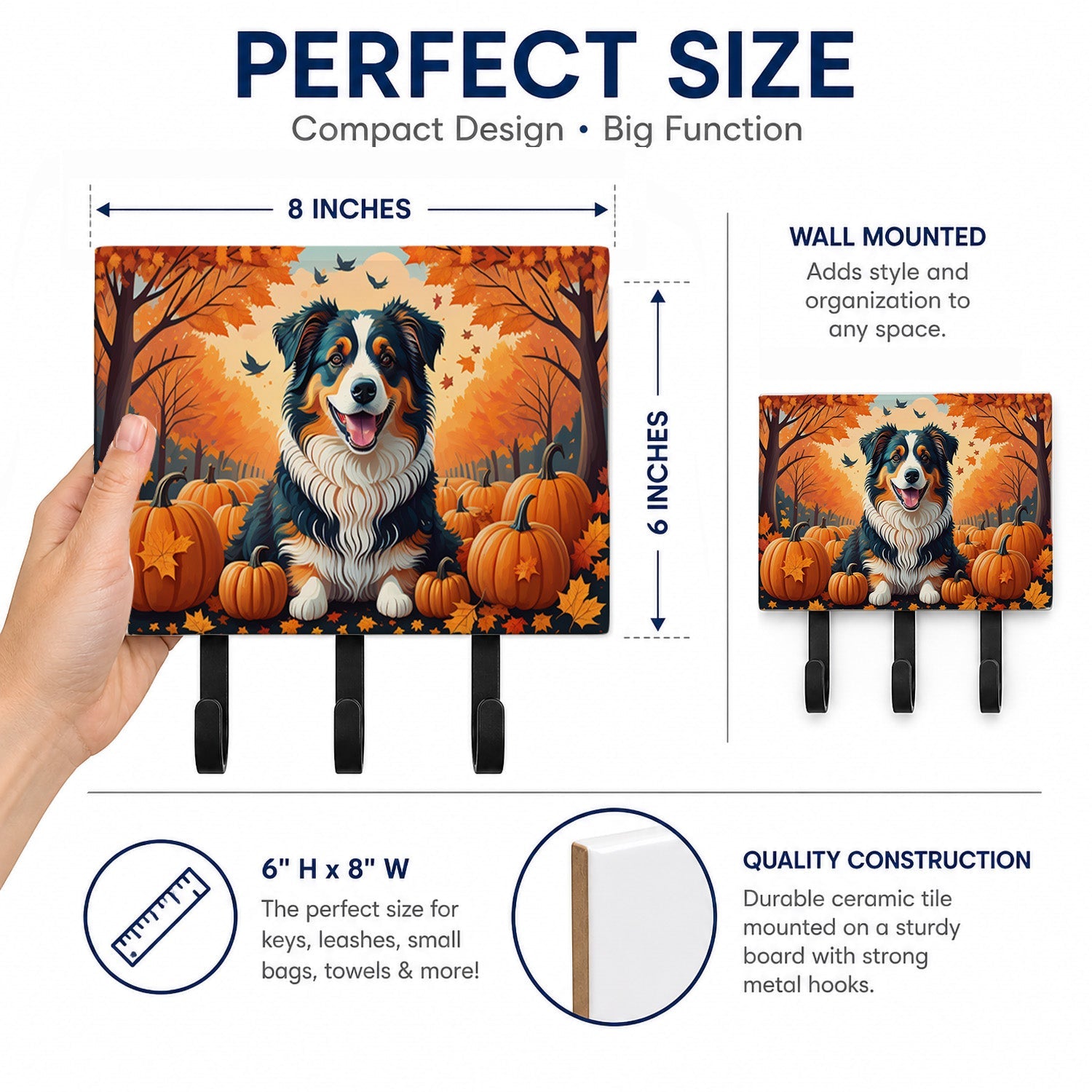 Australian Shepherd Terrier Fall Leash or Key Holder Wall Hooks, Coat Rack Wall Mount, for Hanging Keys, Towels, Aprons, Leashes