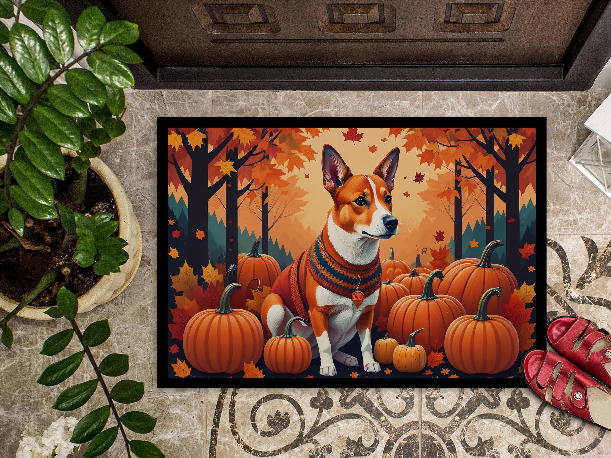 Red Basenji Fall Doormat Indoor Outdoor 24H X 36W Front Door Mat Rugs for Entryway, Non Slip Washable Low Pile,