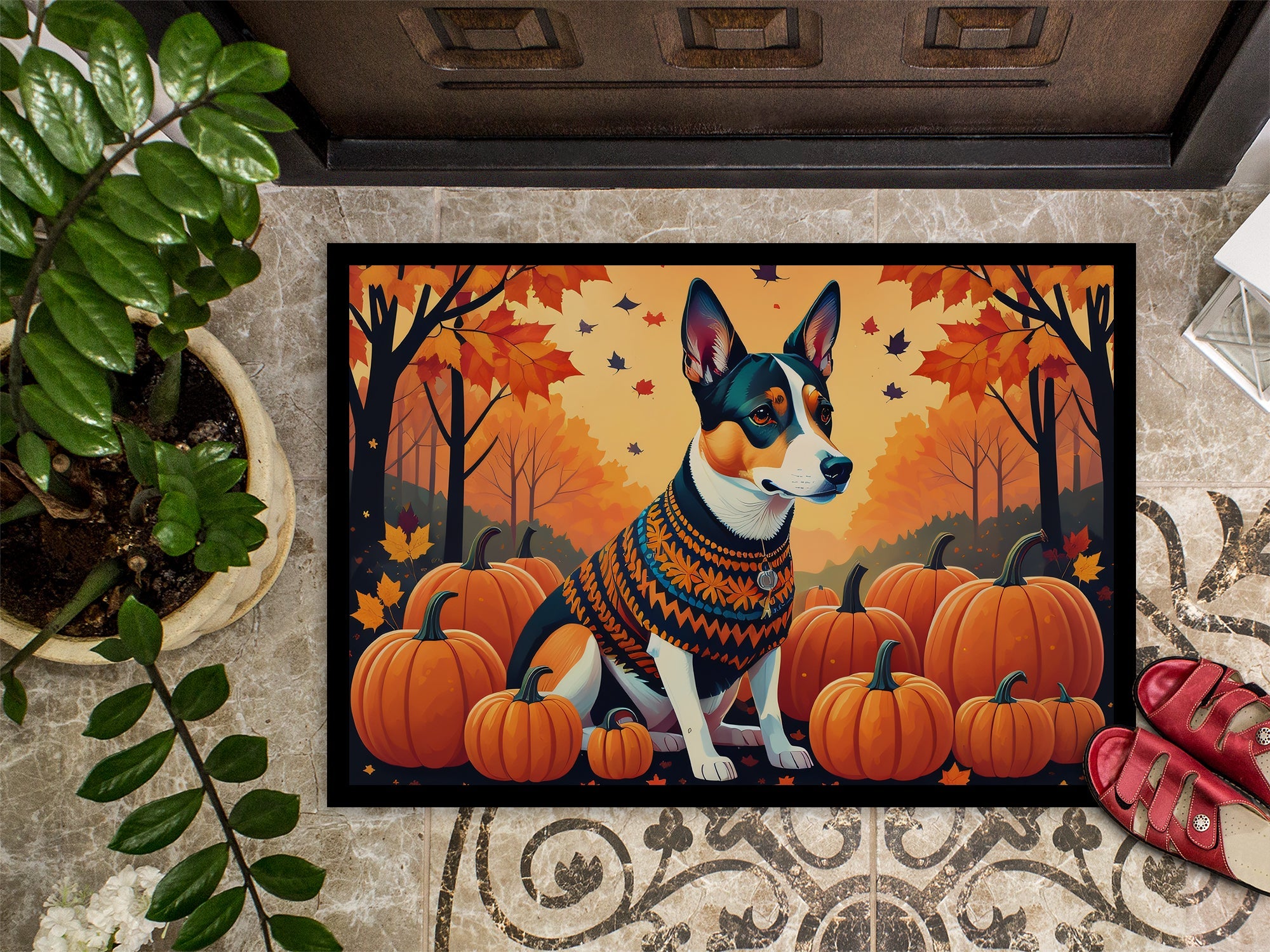 Basenji Fall Doormat Indoor Outdoor 24H X 36W Front Door Mat Rugs for Entryway, Non Slip Washable Low Pile,