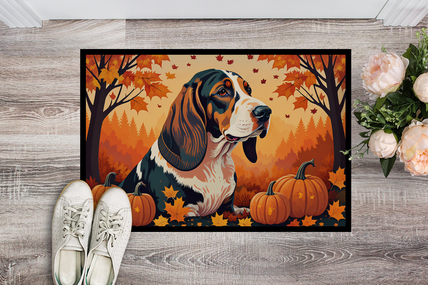 Basset Hound Fall Doormat Indoor Outdoor 24H X 36W Front Door Mat Rugs for Entryway, Non Slip Washable Low Pile,