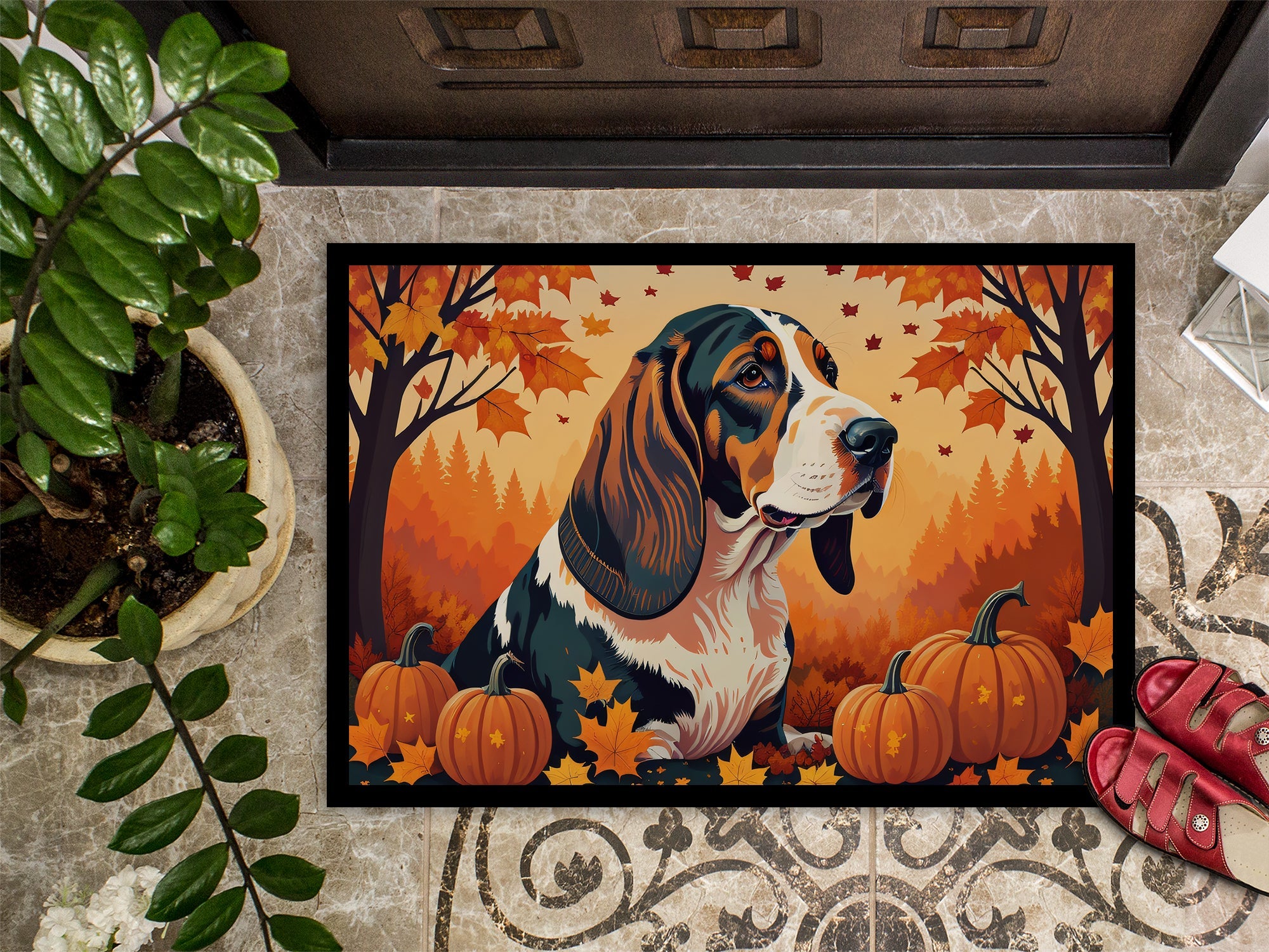 Basset Hound Fall Doormat Indoor Outdoor 24H X 36W Front Door Mat Rugs for Entryway, Non Slip Washable Low Pile,