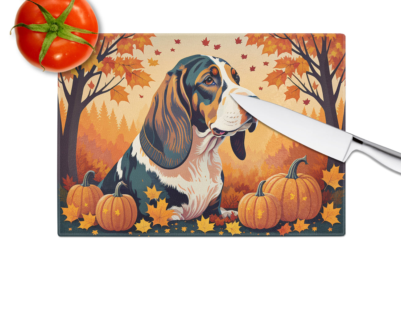 Basset Hound Fall Cutting Board Tempered Glass Kitchen Cutting Surface, Heat Resistant Chopping, Non-Slip Feet, Food Prep & Serving