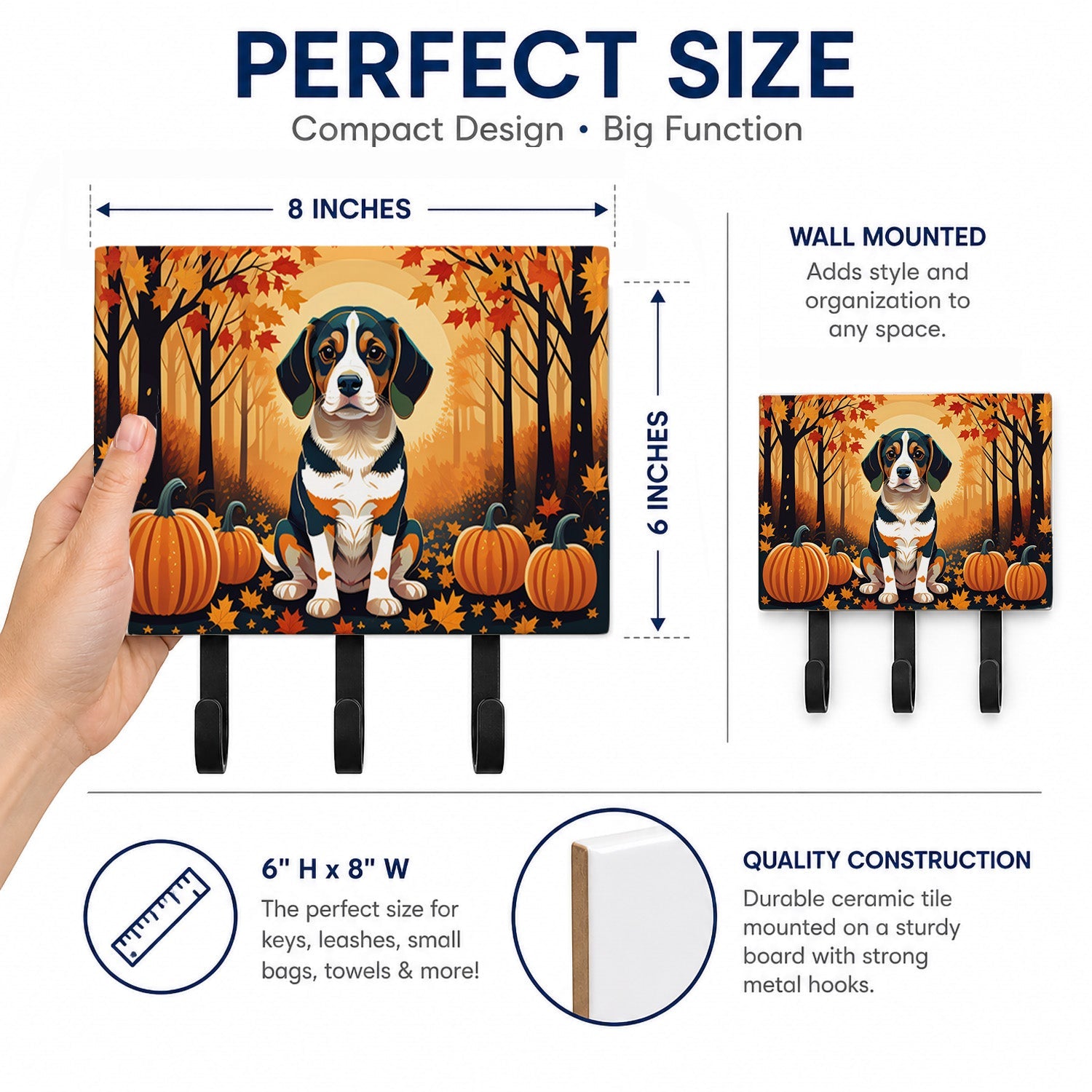 Beagle Fall Leash or Key Holder Wall Hooks, Coat Rack Wall Mount, for Hanging Keys, Towels, Aprons, Leashes