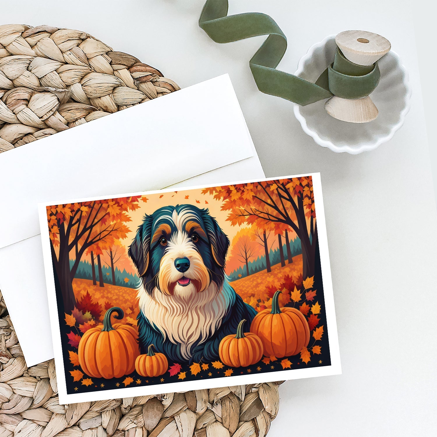 Bearded Collie Fall Greeting Cards Pack of 8 Blank Cards with Envelopes Whimsical A7 Size 5x7