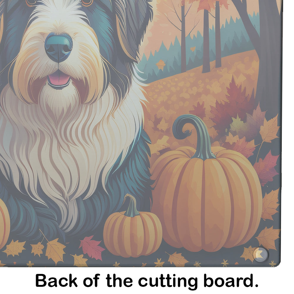 Bearded Collie Fall Cutting Board Tempered Glass Kitchen Cutting Surface, Heat Resistant Chopping, Non-Slip Feet, Food Prep & Serving