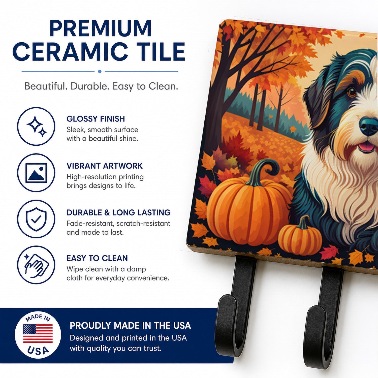 Bearded Collie Fall Leash or Key Holder Wall Hooks, Coat Rack Wall Mount, for Hanging Keys, Towels, Aprons, Leashes
