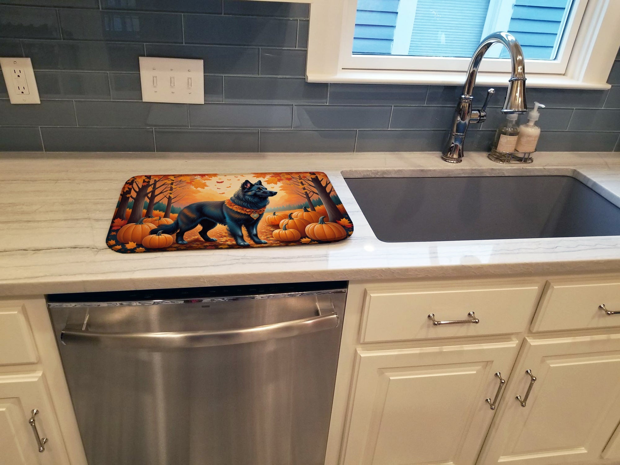 Belgian Sheepdog Fall Dish Drying Mat Absorbent Dish Drying Mat Pad for Kitchen Counter Dish Drainer Mat for Countertop, 14 x 21", Multicolor