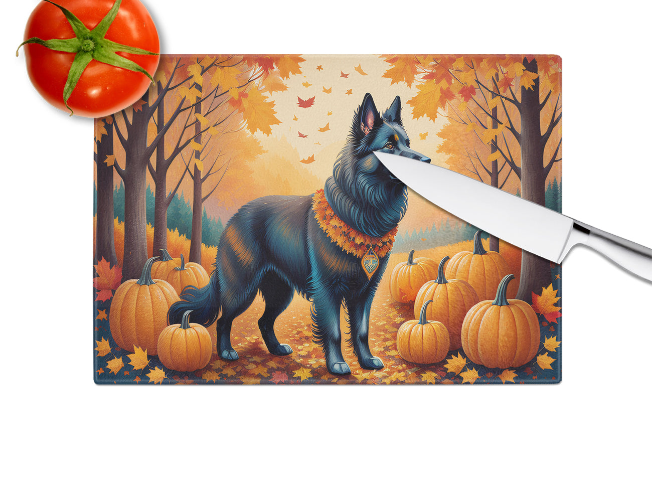 Belgian Sheepdog Fall Cutting Board Tempered Glass Kitchen Cutting Surface, Heat Resistant Chopping, Non-Slip Feet, Food Prep & Serving