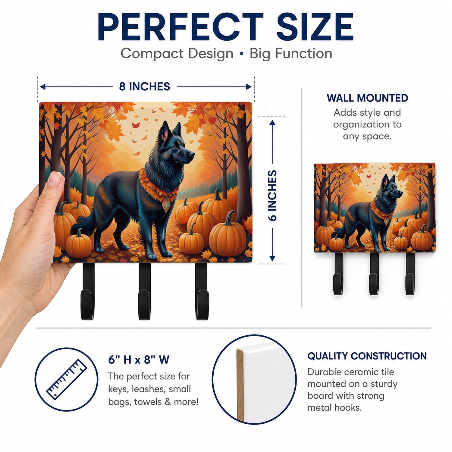 Belgian Sheepdog Fall Leash or Key Holder Wall Hooks, Coat Rack Wall Mount, for Hanging Keys, Towels, Aprons, Leashes