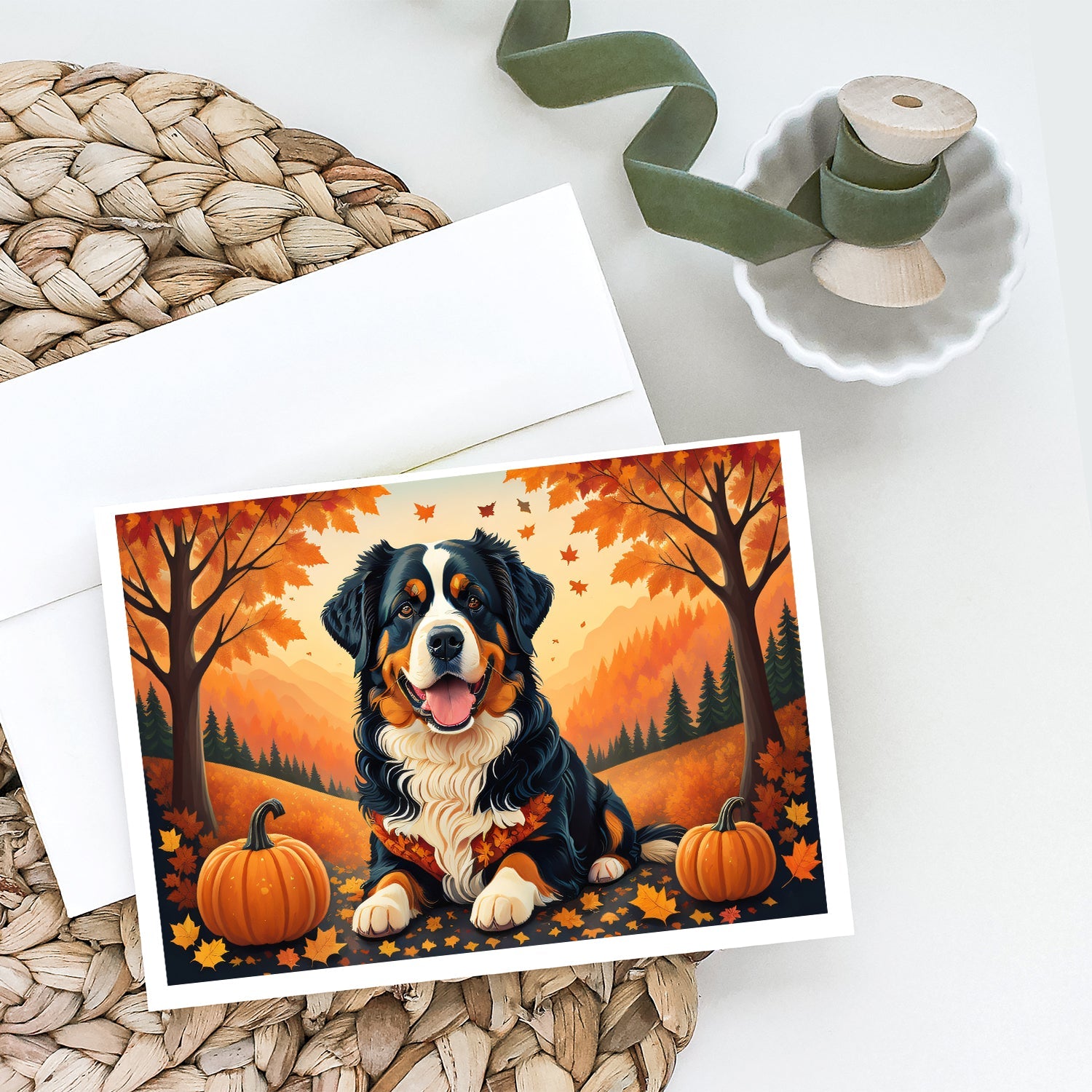 Bernese Mountain Dog Fall Greeting Cards Pack of 8 Blank Cards with Envelopes Whimsical A7 Size 5x7