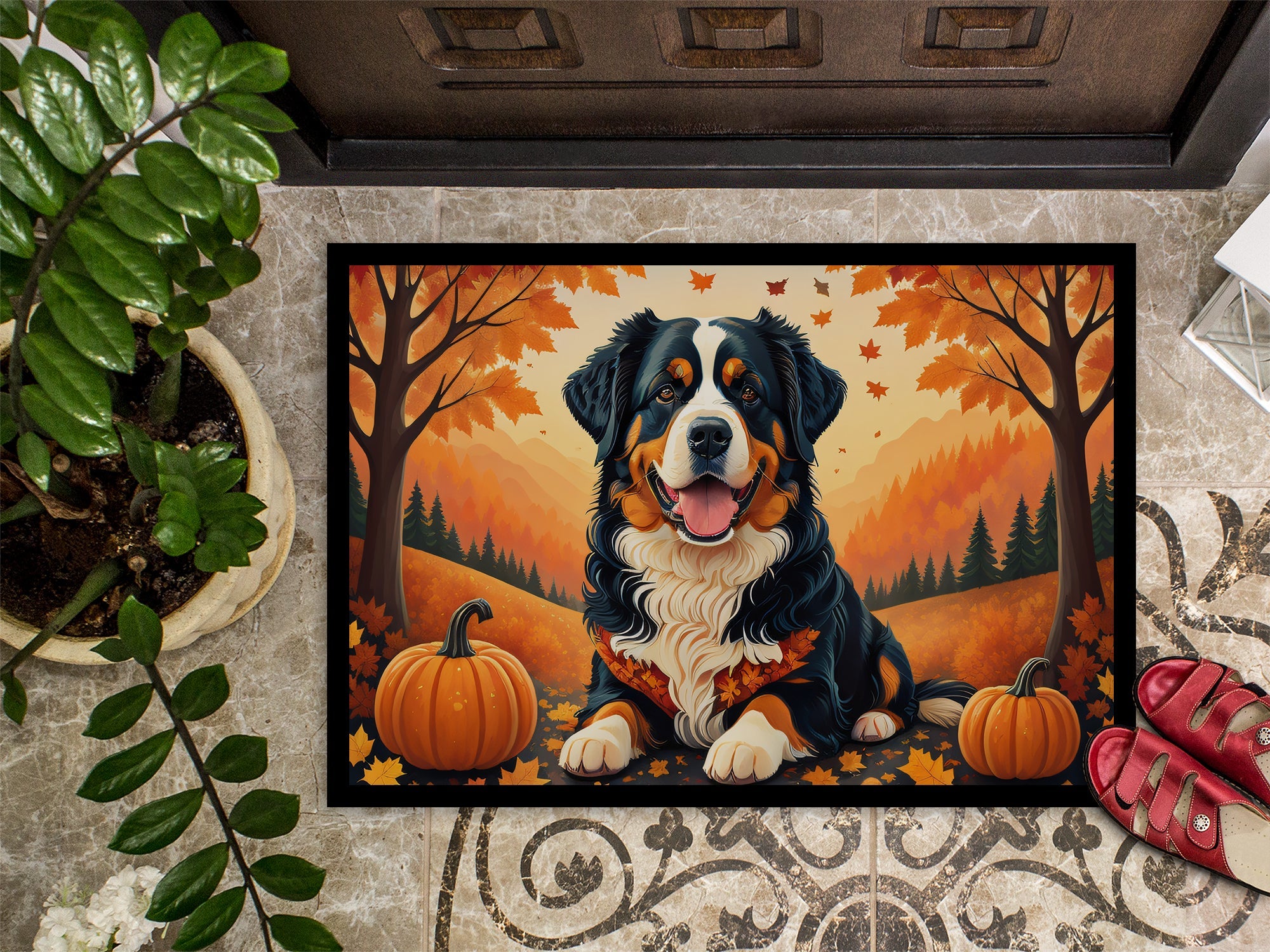 Bernese Mountain Dog Fall Doormat Indoor Outdoor 24H X 36W Front Door Mat Rugs for Entryway, Non Slip Washable Low Pile,