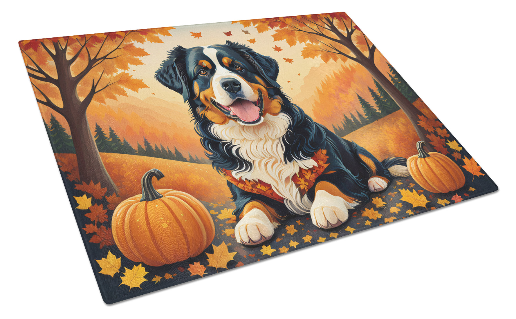Bernese Mountain Dog Fall Cutting Board Tempered Glass Kitchen Cutting Surface, Heat Resistant Chopping, Non-Slip Feet, Food Prep & Serving