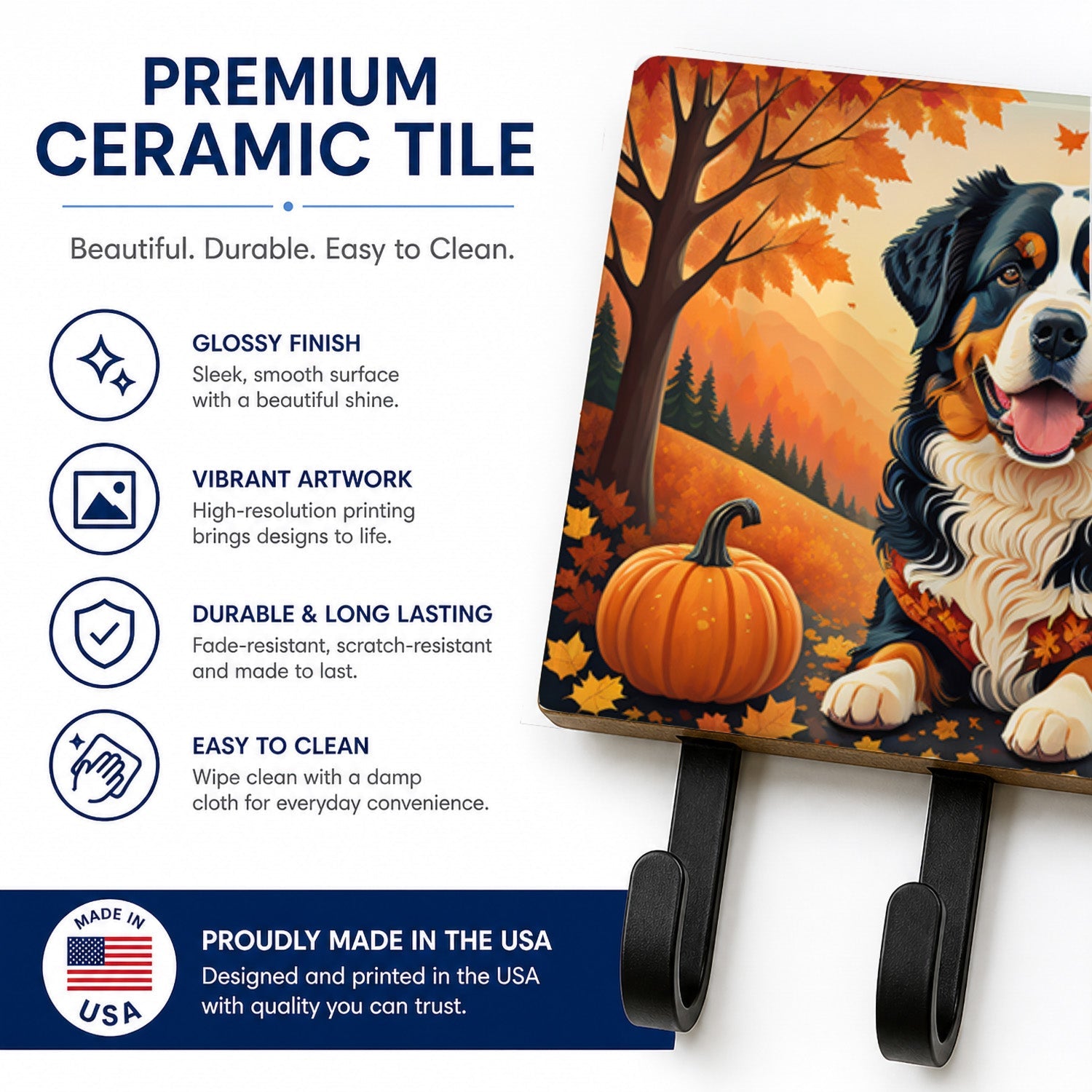 Bernese Mountain Dog Fall Leash or Key Holder Wall Hooks, Coat Rack Wall Mount, for Hanging Keys, Towels, Aprons, Leashes