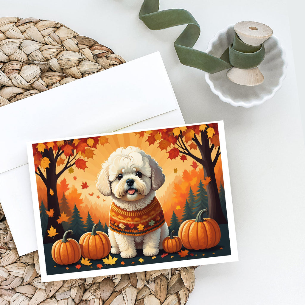 Bichon Frise Fall Greeting Cards Pack of 8 Blank Cards with Envelopes Whimsical A7 Size 5x7