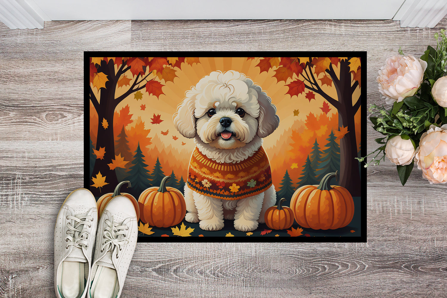 Bichon Frise Fall Doormat Indoor Outdoor 24H X 36W Front Door Mat Rugs for Entryway, Non Slip Washable Low Pile,