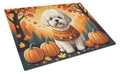 Bichon Frise Fall Cutting Board Tempered Glass Kitchen Cutting Surface, Heat Resistant Chopping, Non-Slip Feet, Food Prep & Serving