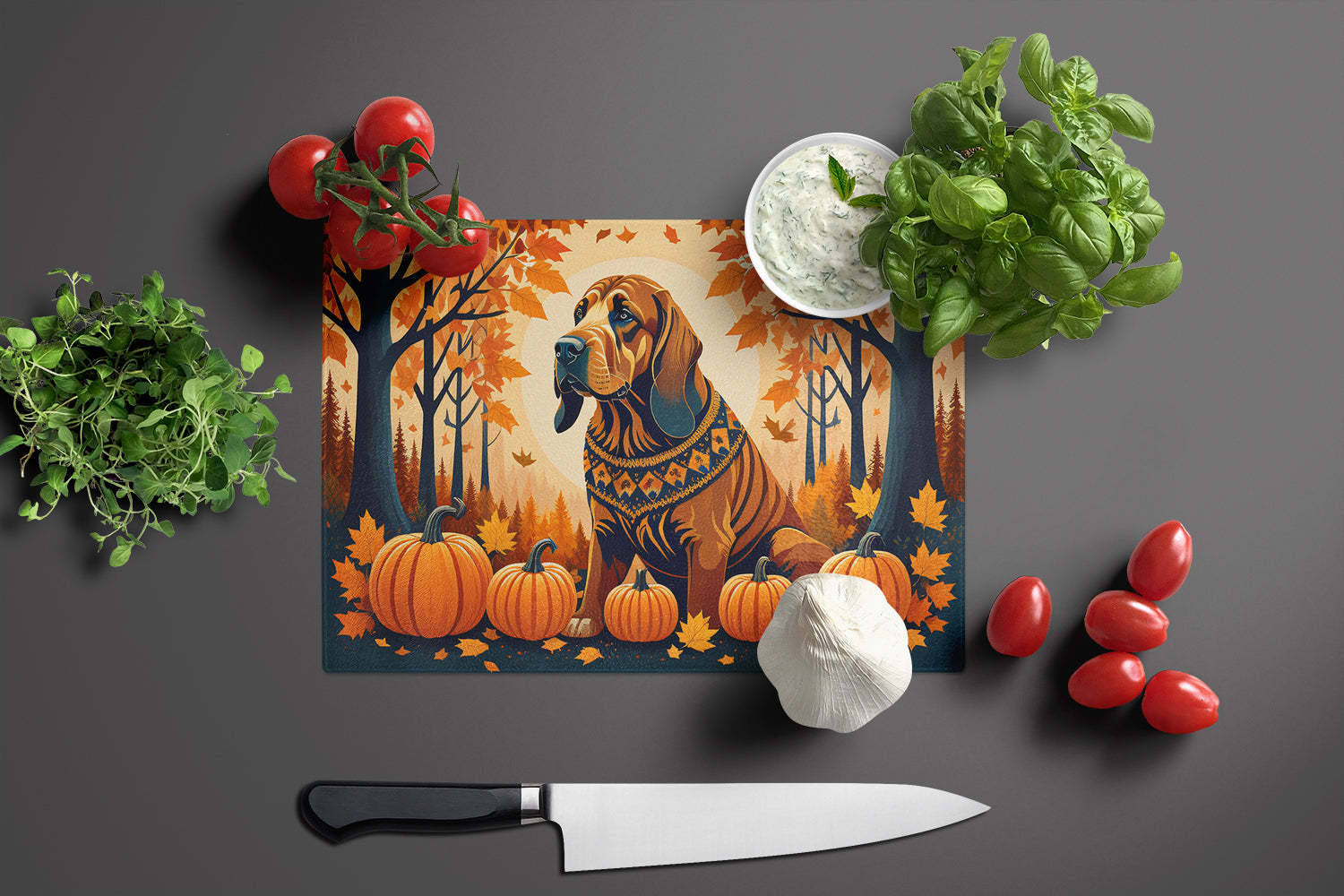 Bloodhound Fall Cutting Board Tempered Glass Kitchen Cutting Surface, Heat Resistant Chopping, Non-Slip Feet, Food Prep & Serving