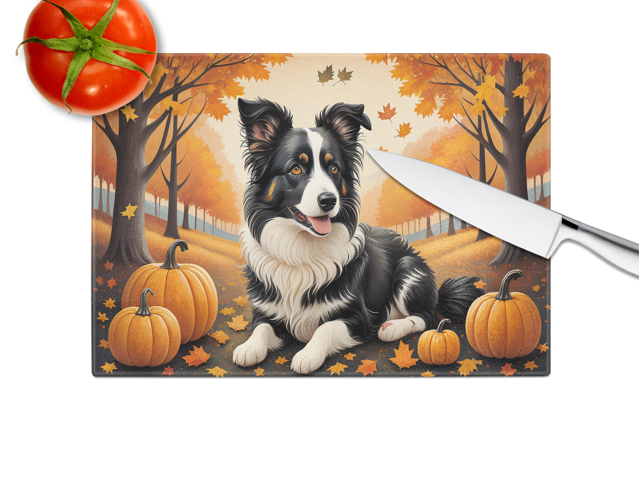 Border Collie Fall Cutting Board Tempered Glass Kitchen Cutting Surface, Heat Resistant Chopping, Non-Slip Feet, Food Prep & Serving