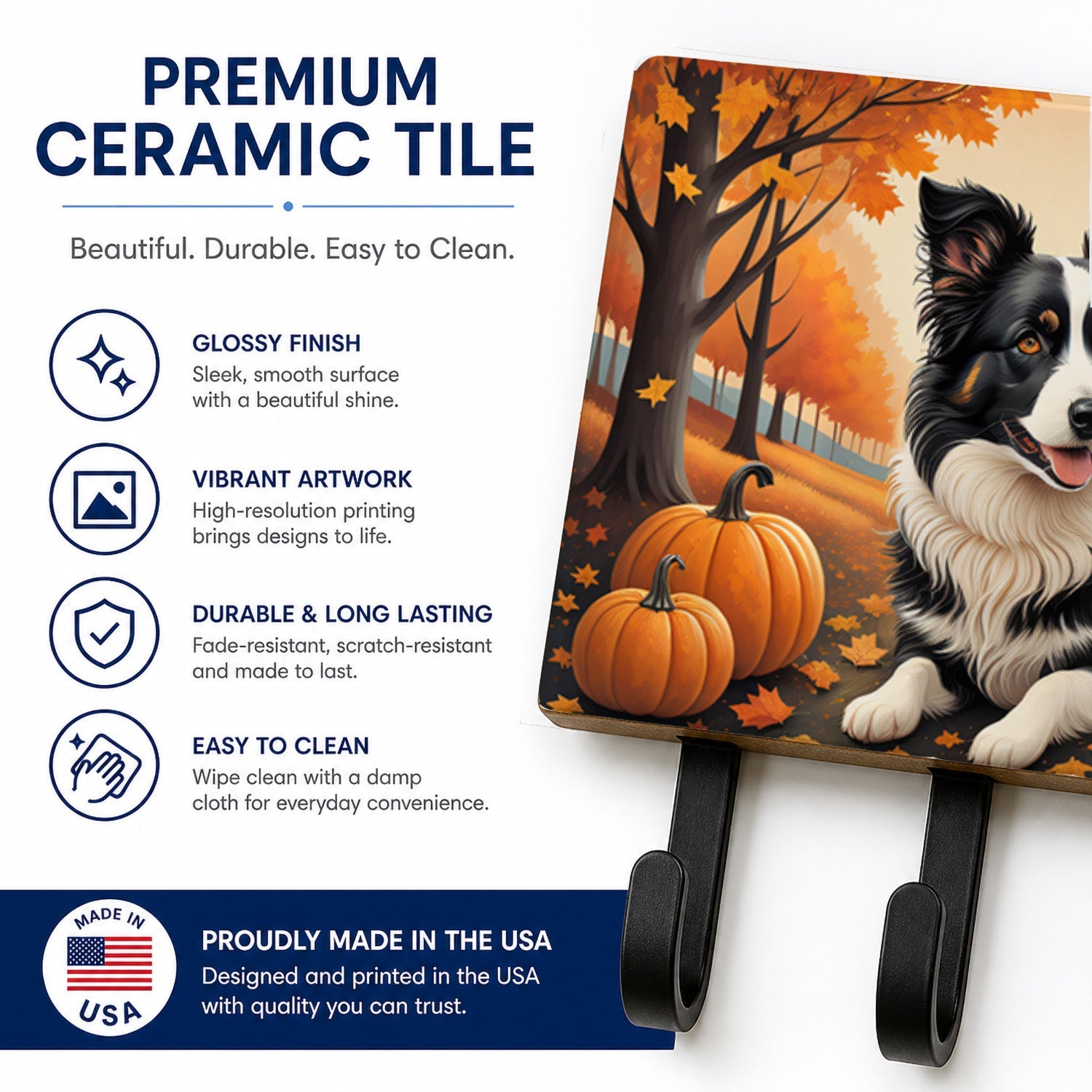 Border Collie Fall Leash or Key Holder Wall Hooks, Coat Rack Wall Mount, for Hanging Keys, Towels, Aprons, Leashes
