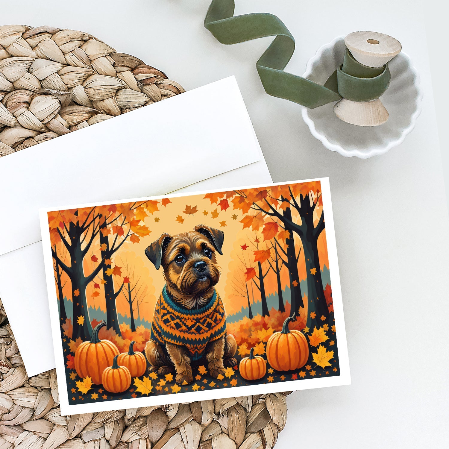 Border Terrier Fall Greeting Cards Pack of 8 Blank Cards with Envelopes Whimsical A7 Size 5x7