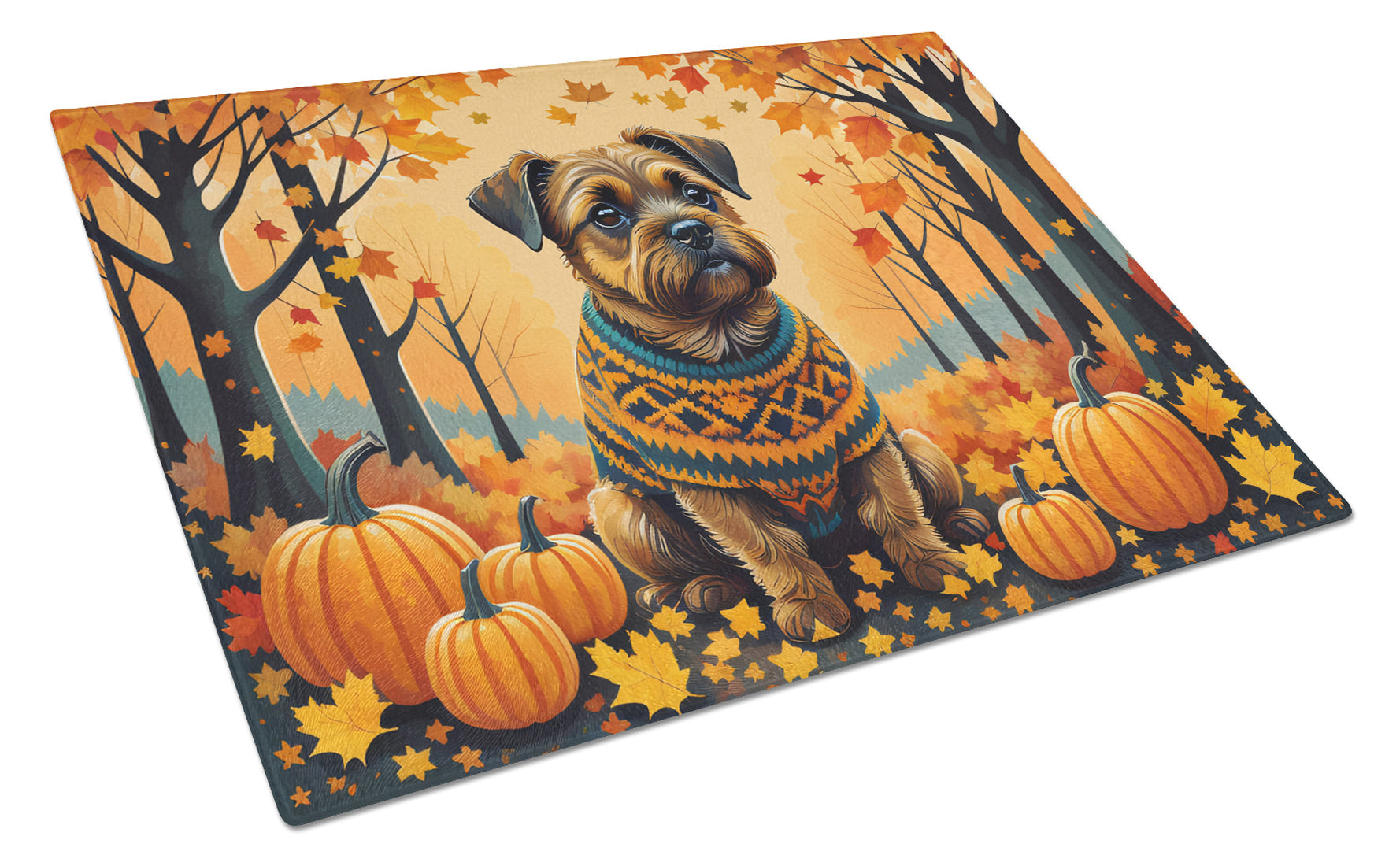 Border Terrier Fall Cutting Board Tempered Glass Kitchen Cutting Surface, Heat Resistant Chopping, Non-Slip Feet, Food Prep & Serving