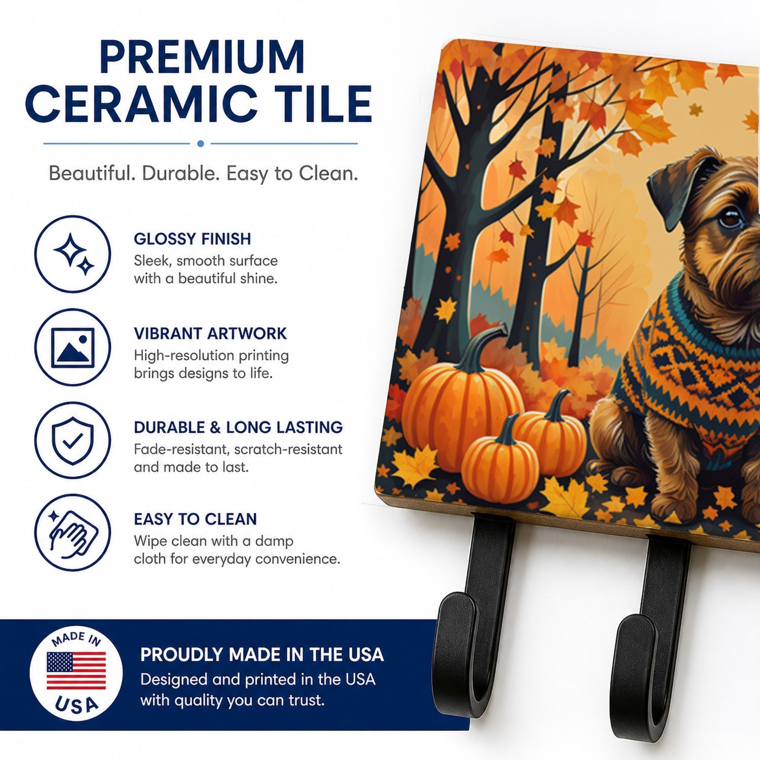 Border Terrier Fall Leash or Key Holder Wall Hooks, Coat Rack Wall Mount, for Hanging Keys, Towels, Aprons, Leashes