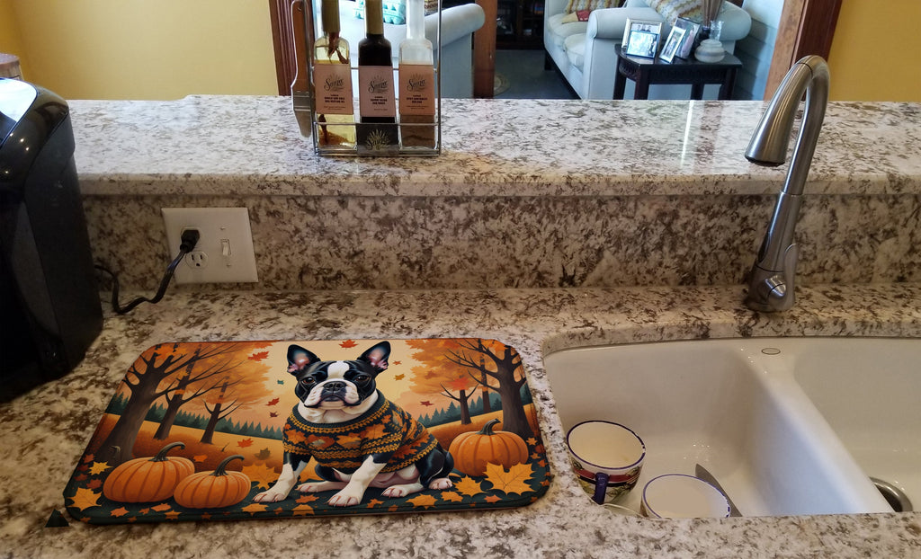 Boston Terrier Fall Dish Drying Mat Absorbent Dish Drying Mat Pad for Kitchen Counter Dish Drainer Mat for Countertop, 14 x 21", Multicolor