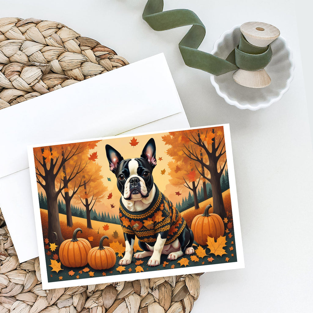 Boston Terrier Fall Greeting Cards Pack of 8 Blank Cards with Envelopes Whimsical A7 Size 5x7