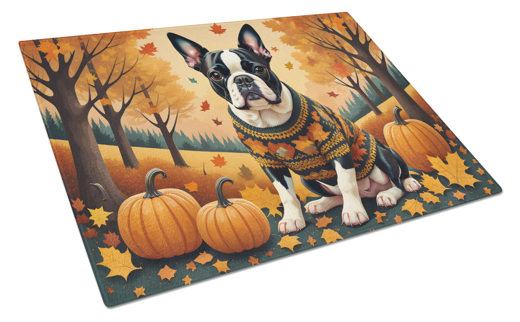 Boston Terrier Fall Cutting Board Tempered Glass Kitchen Cutting Surface, Heat Resistant Chopping, Non-Slip Feet, Food Prep & Serving