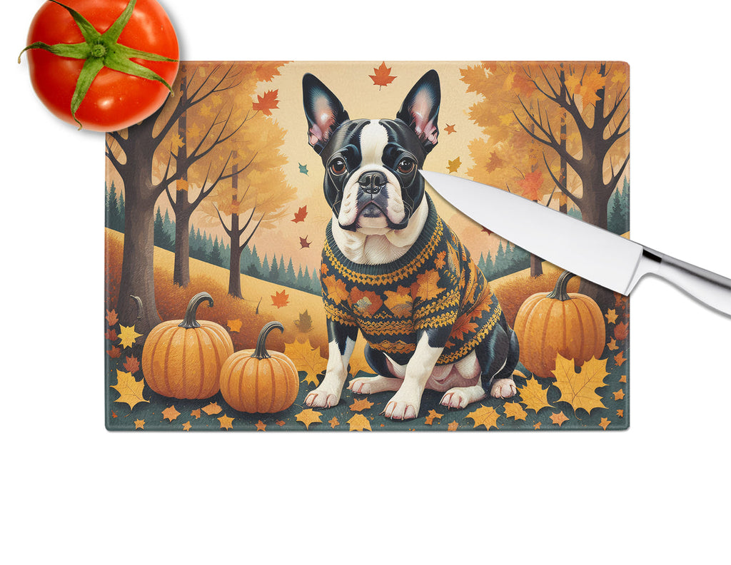 Boston Terrier Fall Cutting Board Tempered Glass Kitchen Cutting Surface, Heat Resistant Chopping, Non-Slip Feet, Food Prep & Serving