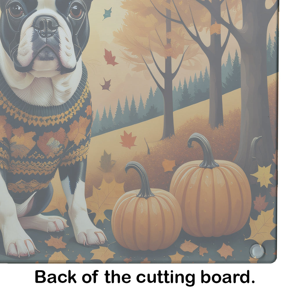 Boston Terrier Fall Cutting Board Tempered Glass Kitchen Cutting Surface, Heat Resistant Chopping, Non-Slip Feet, Food Prep & Serving