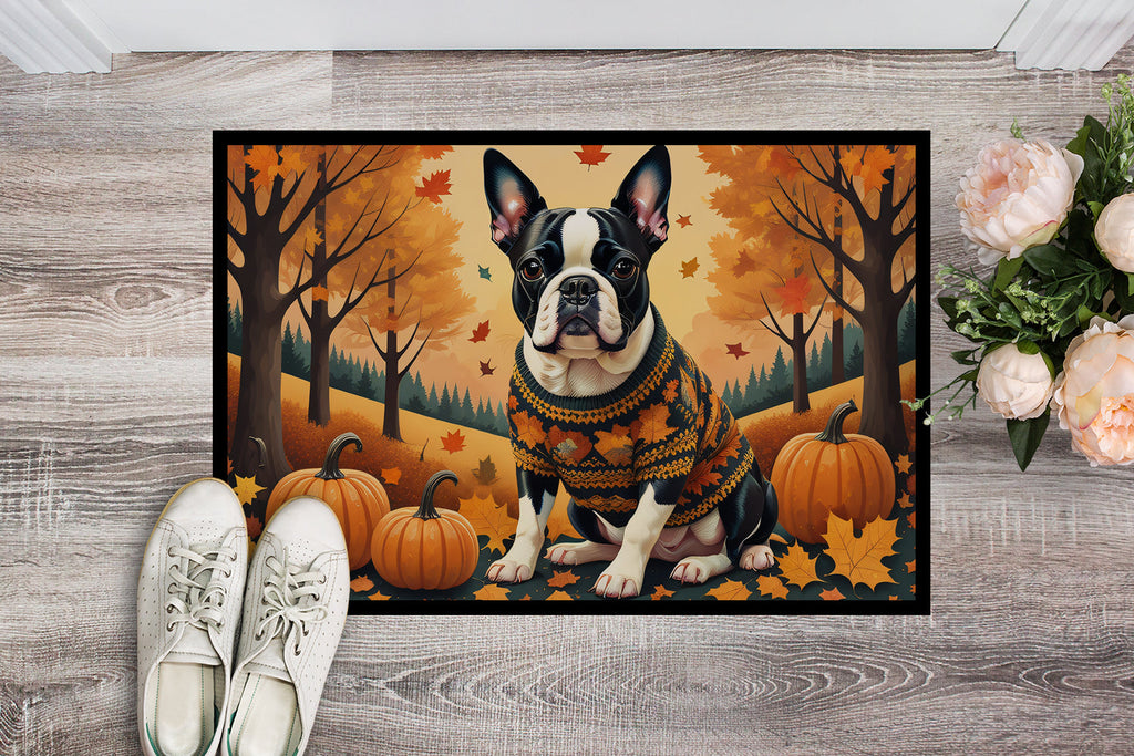 Boston Terrier Fall Doormat Indoor Outdoor 18H X 27W Front Door Mat Rugs for Entryway, Non Slip Washable