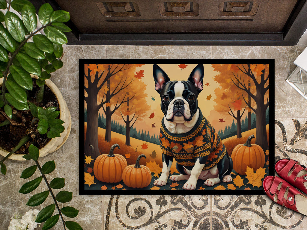 Boston Terrier Fall Doormat Indoor Outdoor 18H X 27W Front Door Mat Rugs for Entryway, Non Slip Washable
