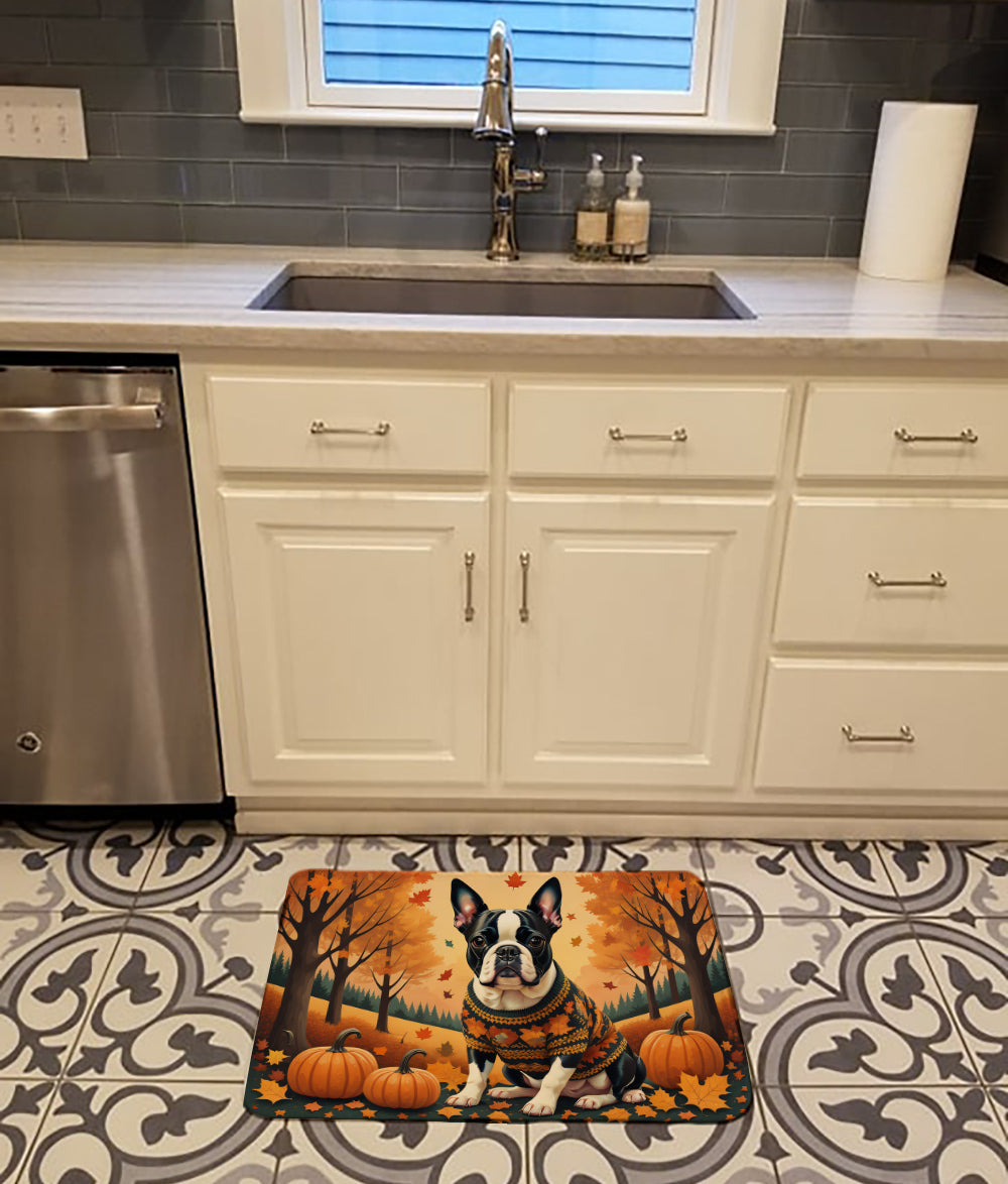 Boston Terrier Fall Memory Foam Kitchen Mat Machine Washable Anti-Fatigue Cushion Comfort Bath or Kitchen Rug