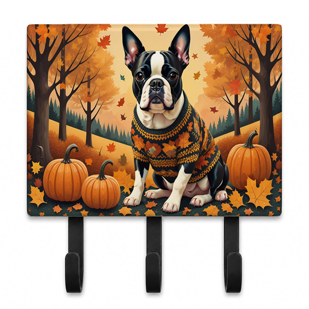 Boston Terrier Fall Leash or Key Holder Wall Hooks, Coat Rack Wall Mount, for Hanging Keys, Towels, Aprons, Leashes