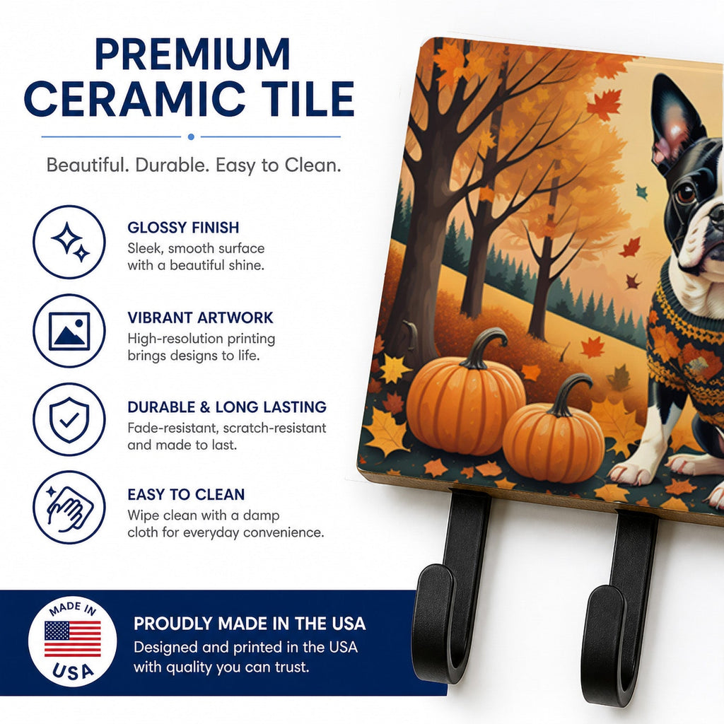 Boston Terrier Fall Leash or Key Holder Wall Hooks, Coat Rack Wall Mount, for Hanging Keys, Towels, Aprons, Leashes