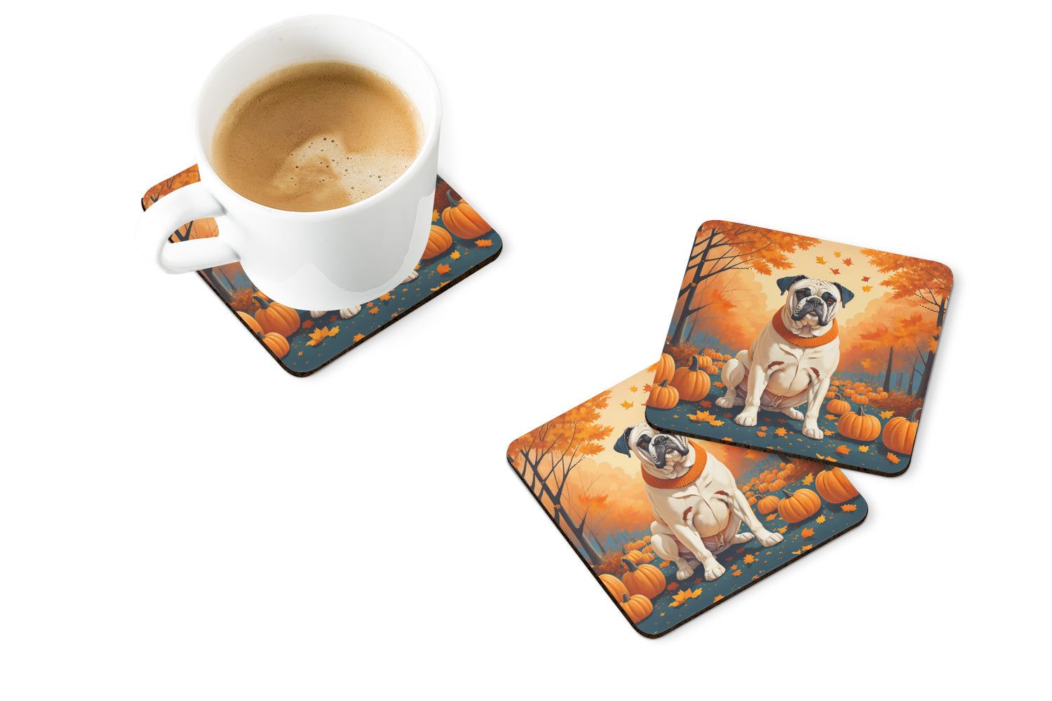 White Boxer Fall Foam Coasters Set of 4 Cup Coasters for Indoor Outdoor, Tabletop Protection, Anti Slip, Mouse pad Material